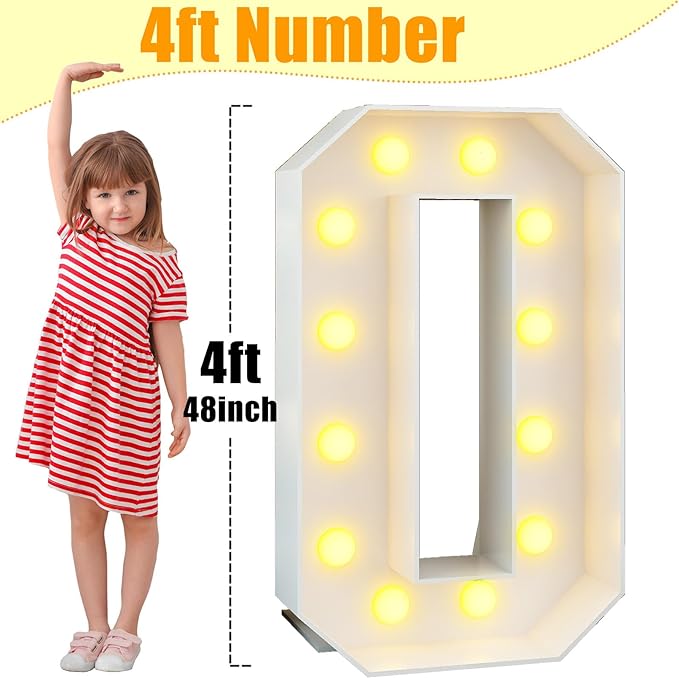Light Up Number 0 White Large Marquee 4ft Numbers with Lights Mosaic Frame Slots-in Letter 0 for Birthday Party Decorations Pre-Cut Cardboard Giant Cut-Out Thick Foam Board 2025 Sign Graduation
