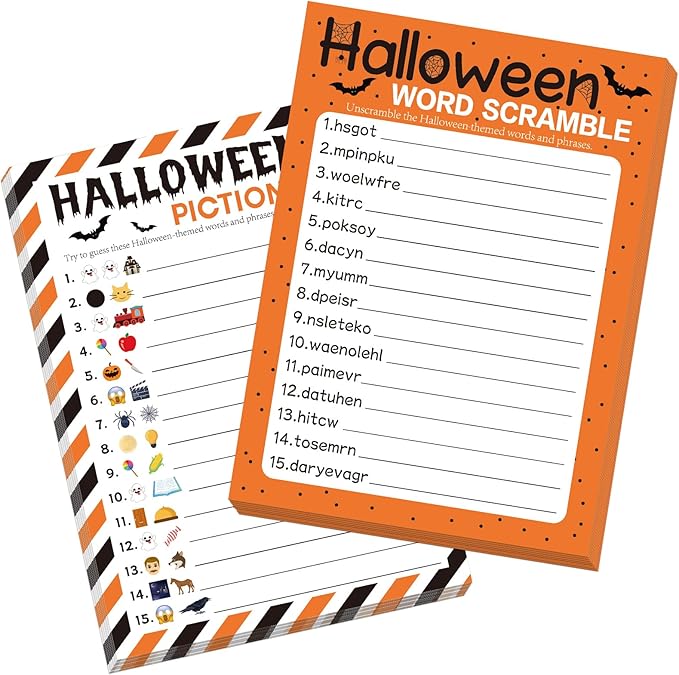 COCHIE 30 Players Halloween Party Games for Adults Family Office Large Groups, Words Pictionary Game, Guesstures Game, Word Scramble Games with Answer Key (Halloween Orange)