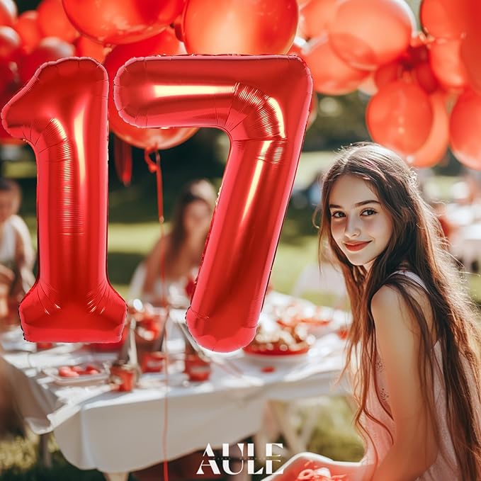 AULE 40 Inch Big Red Foil 17 Number Balloons for Girl Large 17th Happy Birthday Decorations Giant Huge Helium Mylar 71 Anniversary Party Decor