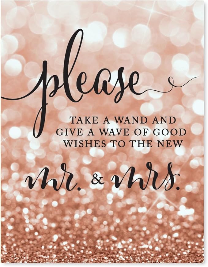 Andaz Press Wedding Party Signs, Glitzy Rose Gold Glitter, 8.5x11-inch, Please Take a Wand and Give a Wave of Good Wishes to the New Mr. & Mrs., 1-Pack, Bokeh Colored Party Supplies