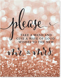Andaz Press Wedding Party Signs, Glitzy Rose Gold Glitter, 8.5x11-inch, Please Take a Wand and Give a Wave of Good Wishes to the New Mr. & Mrs., 1-Pack, Bokeh Colored Party Supplies