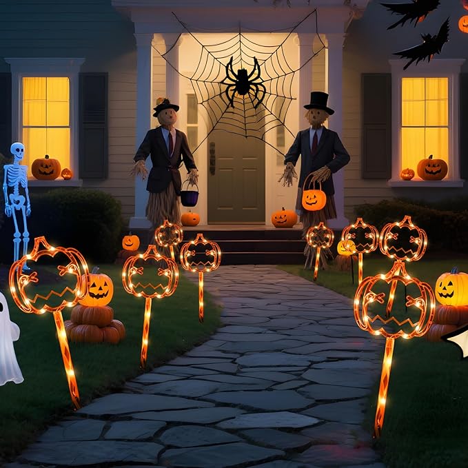 LOLStar Halloween Decorations, 5 Pack Halloween Pathway Lights, Jack-o-Lantern Orange Pumpkin Lights for Walkway, Sidewalk, Garden, Yard, Lawn, Porch, Patio Outdoor Decor with Timer & 8 Lighting Modes