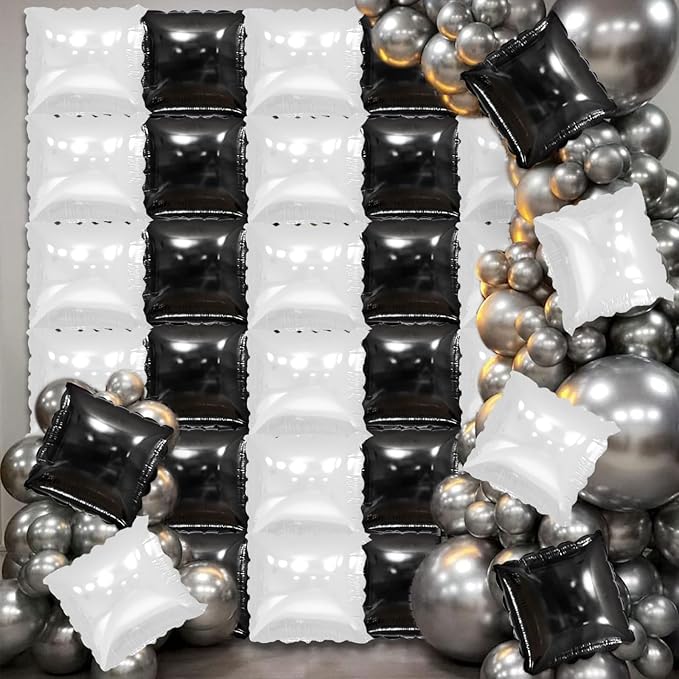 36 Pcs Black and White Square Foil Balloon Wall Backdrop Double Sided Race Car Checkered Balloons Backdrop Tunnel Arch Kit Mylar Square Balloons for Race Car Birthday Party Decorations