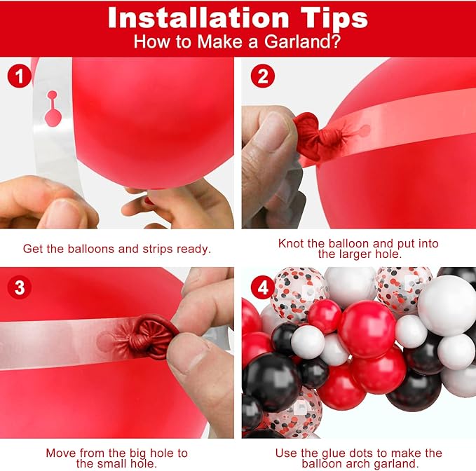 130PCS Red Black White Balloon Garland Arch Kit, 12 10 5 inch Red and Black White Balloons with Confetti Balloons, Latex Party Balloons for Baby Shower Wedding Circus BBQ Casino Poker Cars Decoration