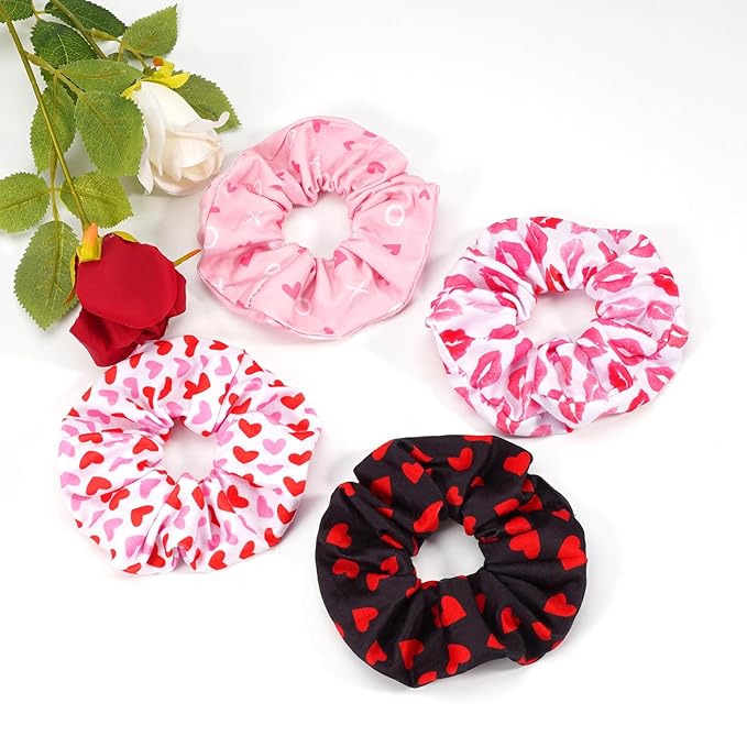 Valentines Hair Scrunchies Red Heart XOXO Hair Ties for Women Girls Elastics Ponytail Holder Valentine‘s Day Hair Tie Love Hair Ropes Valentines Hair Accessories Hair Decoration