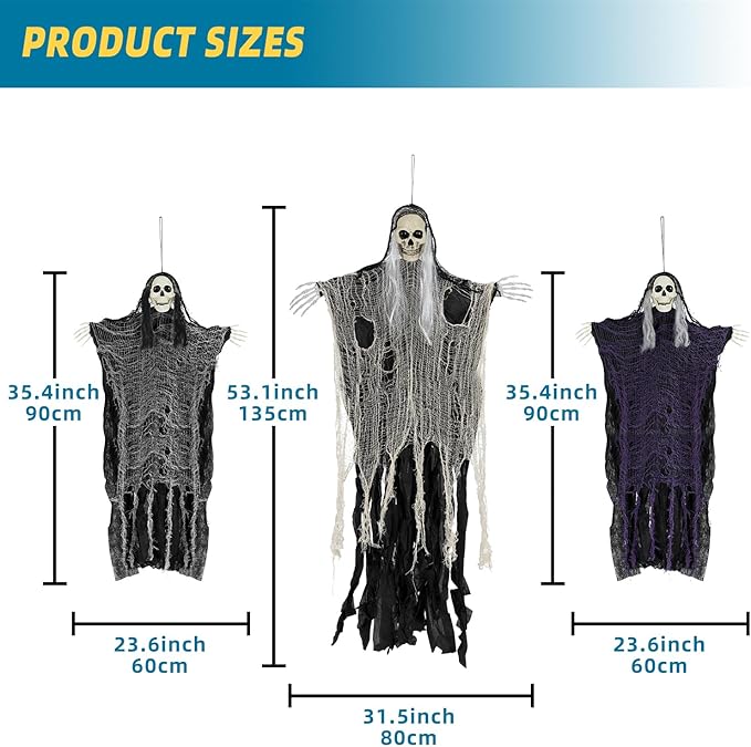 Halloween Decorations Outdoor/Indoor,Set of 3 Scary Hanging Ghosts,Halloween Grim Reaper Skeleton, Scary Party Decorations,Haunted House Decor for Yard/Lawn/Garden.