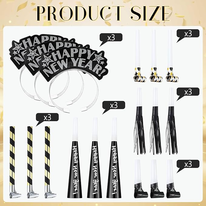 Lenwen 18 Pcs Happy New Years Eve Party Supplies New Year Noise Makers Headband Tiara Party Horn Blowers Whistles Fringed Noisemaker Novelty Favors for Adult Decoration(Black)