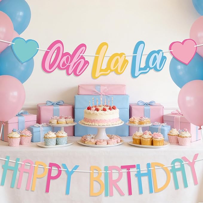 2PCS Ooh La La Birthday Banner, Colorful Fancy Pre-Strung Garland, Fancy Party Decorations for Birthday, Tea Party, Baby Shower Supplies