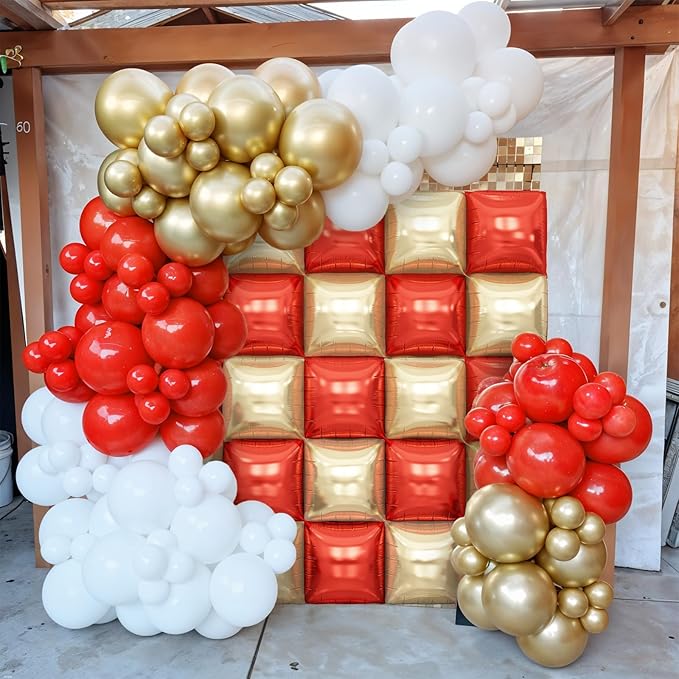 Red and Gold Square Foil Balloons Wall, Double Sided Chrome Light Gold and Red Balloons Tunnel Arch Kit Backdrop for New Year 2026 Birthday Graduation Wedding Valentine's Day Party Decorations