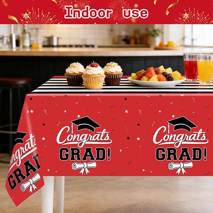 7-Pack Graduation Party Decorations Set, 3 Red Graduation Tablecloths 54x108in, 2026 and Grad Balloons, 2 Foil Fringe Curtains for High School College Graduation Party Photo Booth
