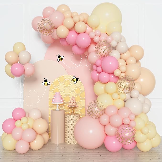 Amandir 153pcs Pink and Yellow Balloon Arch Garland Kit, Different Sizes 18 12 10 5 inch Pink Pastel Yellow White Sand Cream Gold Confetti Balloons for Birthday Party Bee Bear Shower Decorations
