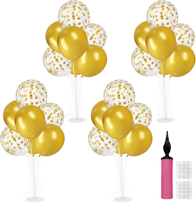 4 Sets Balloon Stand Kit, Balloon Sticks Holder Table Centerpiece with Gold Balloons for Christmas Graduation Birthday Wedding New Year 2026 Party Decorations(Gold)