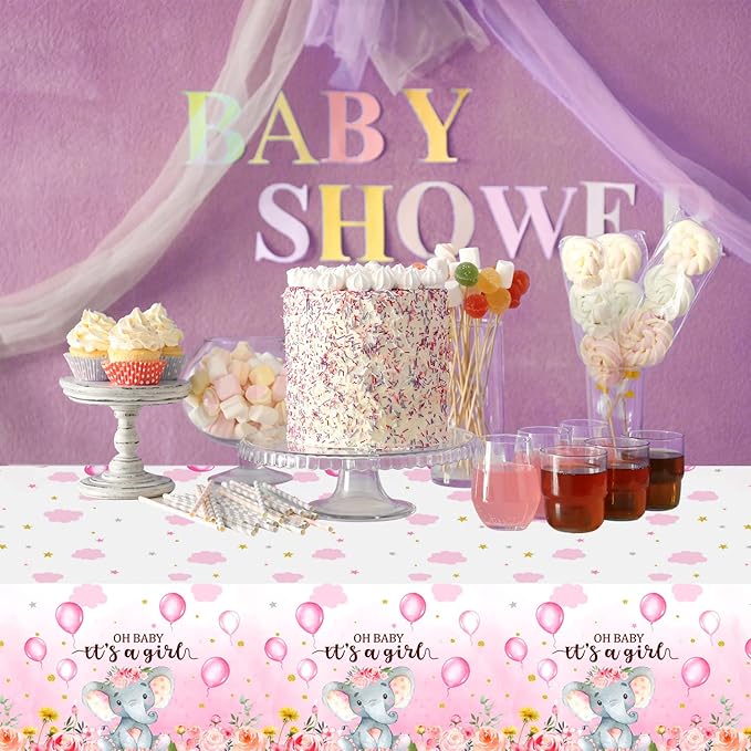 3 Pack Elephant Baby Shower Decorations - Plastic Tablecloth Table Cover Backdrop for Boy Girl Gender Party Supplies, 54 x 108 Inch, Pink