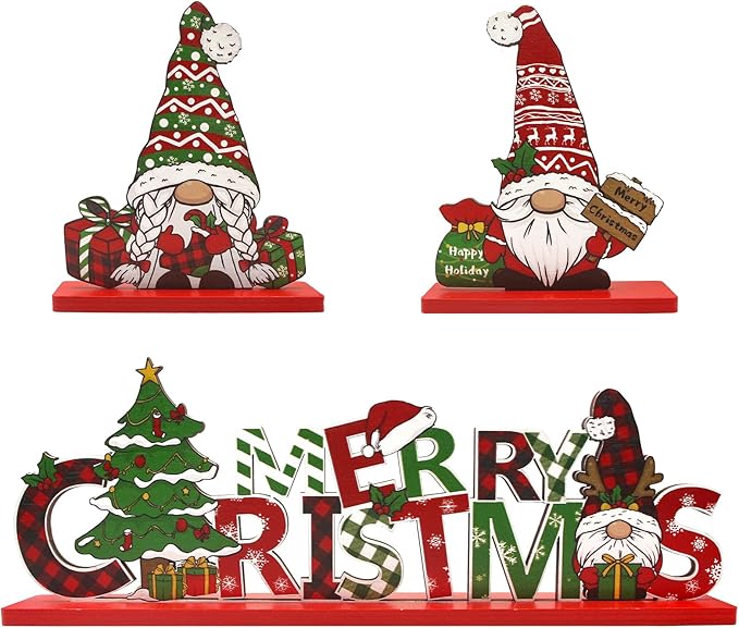 3Pcs Christmas Table Decorations Gnomes Tree and Merry Christmas Sign Centerpiece Tabletop Wooden Ornaments Indoor Xmas Decorations for Party Coffee Table Gifts
