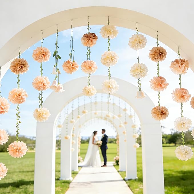 2 Pc Champagne Hanging Paper Flower Garland, 8.2 FT Ombre Tissue Paper Flower Garland, Champagne Gradient Pom Pom Garland for Wedding Backdrop Bridal Shower Engagement Party