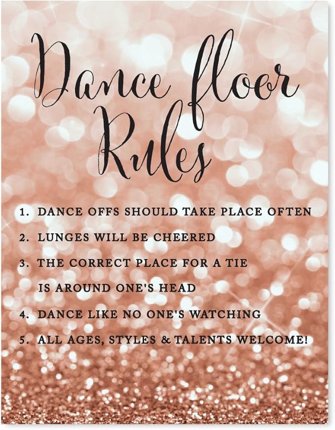 Andaz Press Wedding Party Signs, Glitzy Rose Gold Glitter, 8.5x11-inch, Dance Floor Rules, 1-Pack, Bokeh Colored Party Supplies