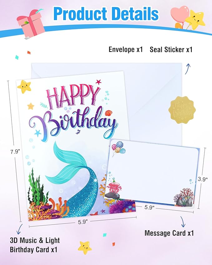FaCraft Mermaid Birthday Card - 3D Musical Birthday Card for Kids Daughter & Girls - Blowable Candle with Cheering Sound - 8x6 Handmade Pop Up Kids Birthday Card with Envelope & Seal