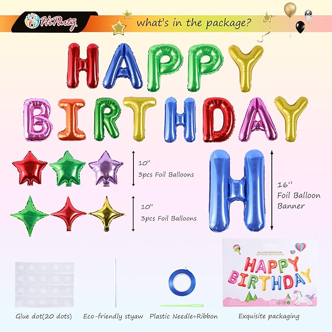 Happy Birthday Banner,16 Inch Mylar Happy Birthday Balloons, 24pcs Foil Letters Balloons with 6pcs Star Balloon, Birthday Party Decorations for Kids Girls Boys Women Adults-Rainbow