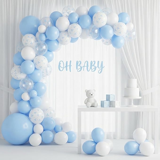 Blue Bow Balloons, 12 Inch Pastel Light Blue Transparent White Bow Print Coquette Balloon for Girls Birthday Bachelorette Party Bridal Baby Shower Wedding Anniversary Decorations Supplies