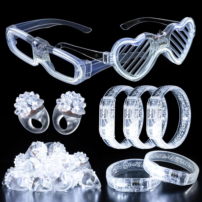 50Pcs White Wedding Party Supplies Set 10 LED Flashing Glasses 20 Light up Bracelets and 20 LED Blink Bumpy Rings Glow In Dark Romantic Valentine's day Neon Party Decorative Accessories