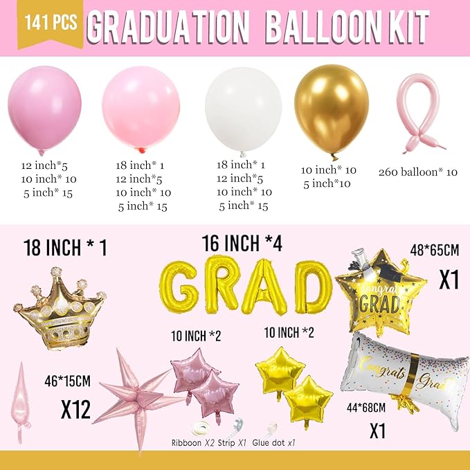 Pink White and Gold Balloon Garland Arch Kit 140Pcs with Pink and gold Stars Graduation Certificate Crown DIY bow for 2025 GRAD Prom coquette Decorations