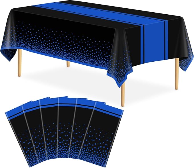 6 Pack Black and Blue Tablecloth Party Decorations Plastic Black Tablecloth Printed Blue Table Runner 54 x108 Inch Disposable Rectangle Table Cover for Birthday Wedding Graduation
