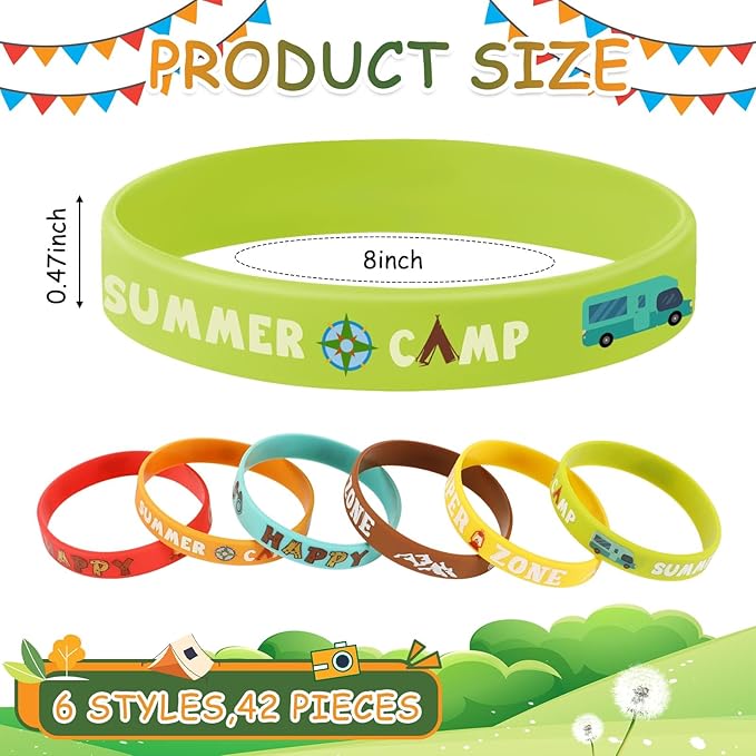 JUNEBRUSHS 42pcs Camping Party Favors Silicone Bracelets for Adults Camping Adventure Birthday Party Decorations Gift Supplies