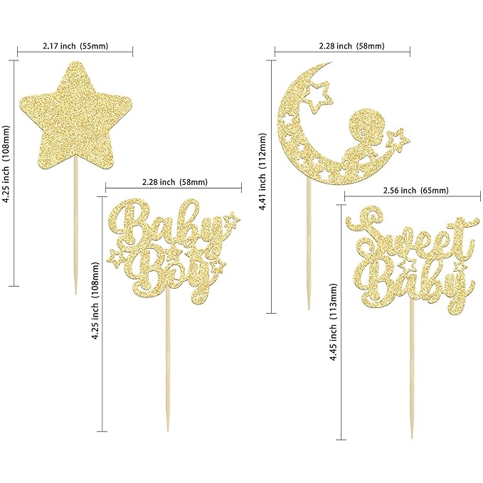 Gyufise 24Pcs Gold Baby Shower Boy Cupcake Toppers Glitter Star Moon Sweet Baby Cake Decorations Baby Boy Cupcake Picks for Baby Shower Boys Birthday Party Decorations Supplies