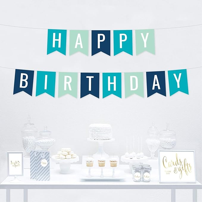 Andaz Press Hanging Pennant Banner Party Decorations, Aqua, Seafoam Mint Green, Navy Blue, Happy Birthday, 1-Pack, Approx. 5-Feet, Under the Sea Nautical Mermaid Themed Decor
