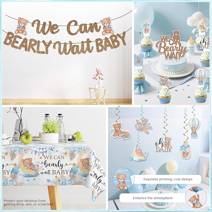 366PCS Blue Baby Shower Decorations Serves 50, Boy Baby Shower Include Banner, Plates, Balloons, Cake Topper and Tablecloths, for Baby Boy Shower Decorations