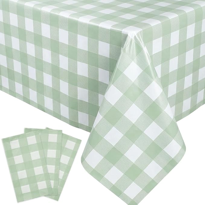Oigco 3 Pack Sage Green Gingham Tablecloth 54 x 108 Inches, Rectangle Disposable Sage Green Checkered Tablecloth, Picnic Table Cover for Outdoor, Camping, Birthday Decorations