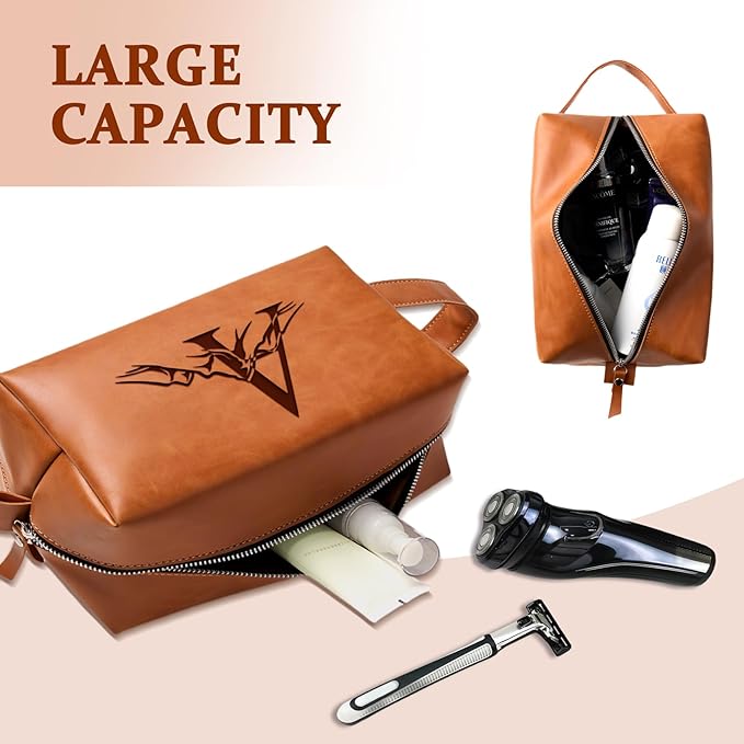 Personalized Gifts Travel Toiletry Bag for Men Engraved Initial PU Leather Waterproof Shaving Bag for Toiletries Accessories Fathers Day Birthday Gift for Men Dad Husband Son, Light Brown F