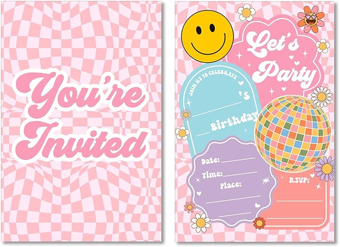 Soiceu Retro Groovy Girl Birthday Invitations Hippie Disco Let's Party Birthday Invites with Envelopes Set of 20