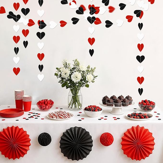 White Red Black Party Decorations - 52Ft Paper Heart Garland Streamers Birthday Banner Wedding Graduation Bachelorette Engagement Hanging Decor HongTongTong