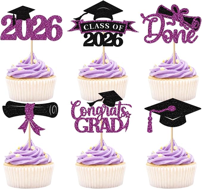 2026 Graduation Cupcake Toppers, 36 pack Purple Glitter Class of 2026 Congrats Grad Diploma Grad Cap Cupcake Picks for 2026 Graduation Party decorating Supplies