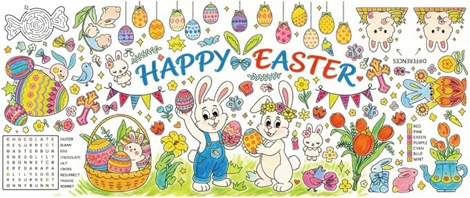 Easter Coloring Tablecloth for Kids – Giant 31.5" x 72" Color-In Paper Table Cover | Disposable Thick Kraft Paper, Bunny & Eggs Activity Poster for Easter Parties, Classrooms & Family Crafts(Easter)