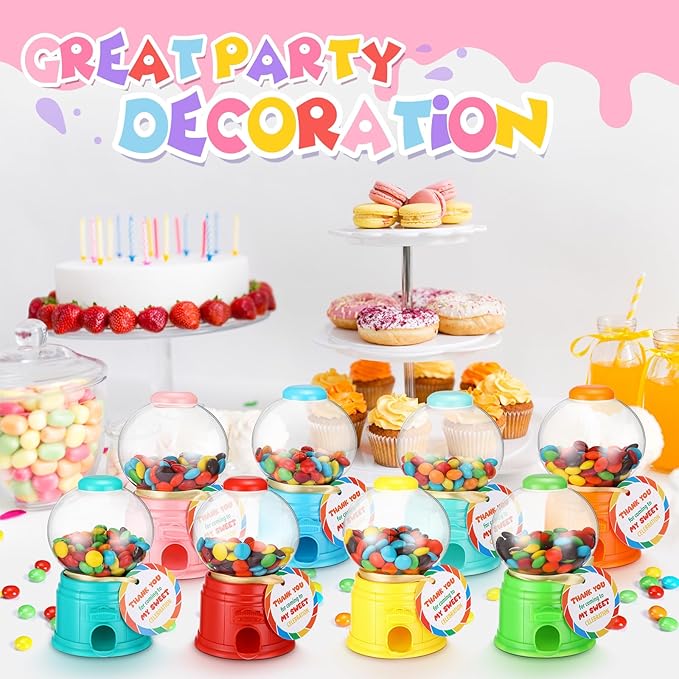 8 Set Candy Theme Party Favors with 5 Inch Mini Candy Dispenser Thank You Cards Plastic Gumball Machines for Birthday Party Supplies Sweet Celebration Decorations