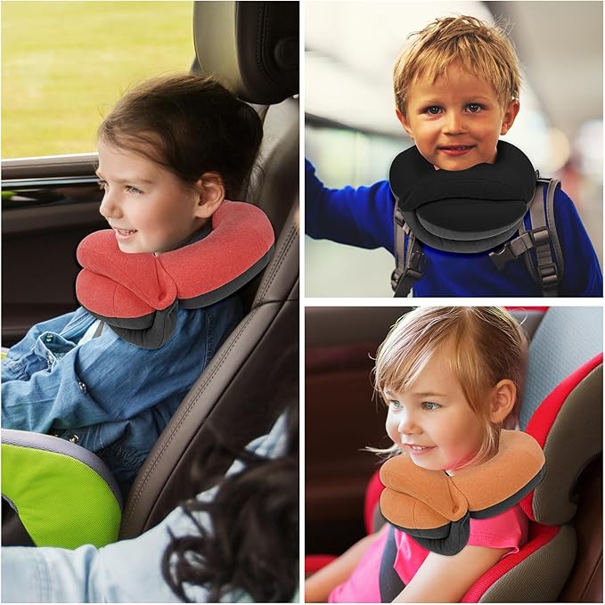 BUYUE Kids Travel Pillows for Airplane, 360° Head Support Sleeping Essentials for Boys Long Flight, Skin-Friendly Soft Neck Pillow for Traveling in Car Seat, (Small, Green Grey, 40-90 lbs)