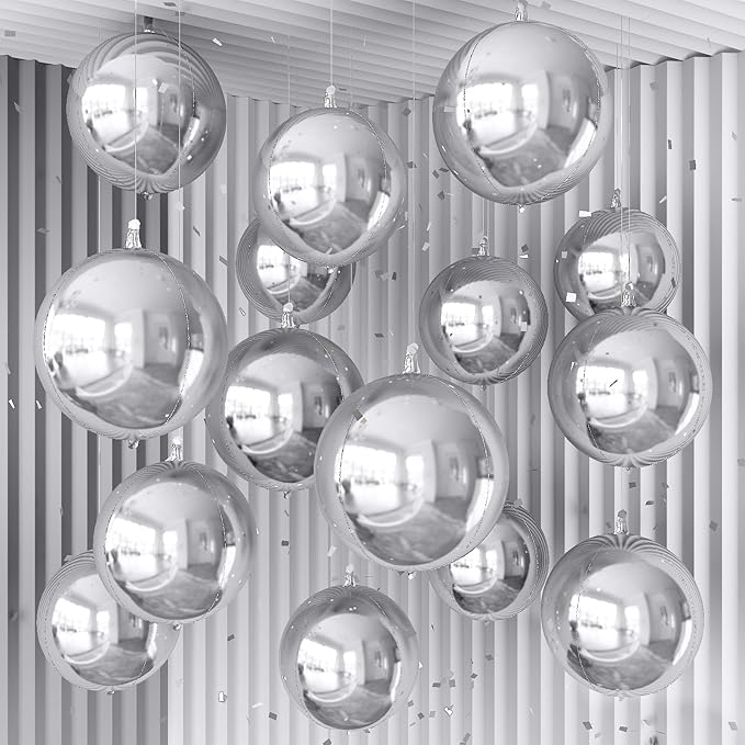 14 Pcs Silver Round Foil Balloons 22/15/10 4D Ball Balloons Metallic Silver Balloon Ornament Mylar Balloon Chrome for Graduation Birthday Wedding Anniversary New Year Disco Party Decorations