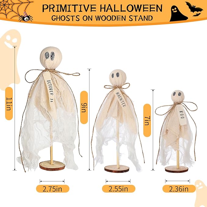 Summerween Decoration Halloween Decorations Indoor - 3 Set of Primitive Ghosts on Wooden Stand for Table Centerpieces Tiered Trays Shelves Mantels Home Halloween Décor