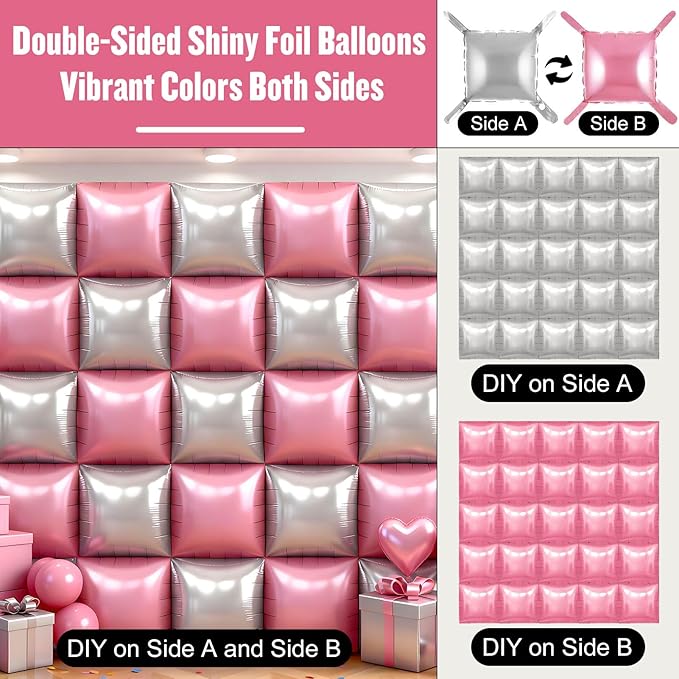36Pcs Pink and Silver Square Foil Balloons Wall Backdrop, Double Sided Metallic Foil Balloons Tunnel Arch Garland Kit for Photo Booth Birthday Wedding Halloween Christmas Party Decorations