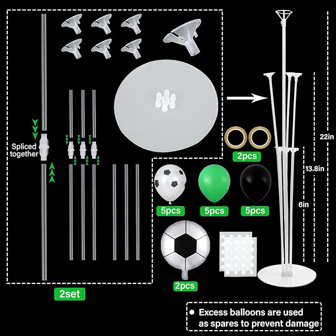 Soccer party Balloons Stand Kit 2 Sets with 2 Soccer Foil Balloons Green White Black Themed Centerpiece for Tables for Men Boys Football Game Sports Birthday Party Decorations
