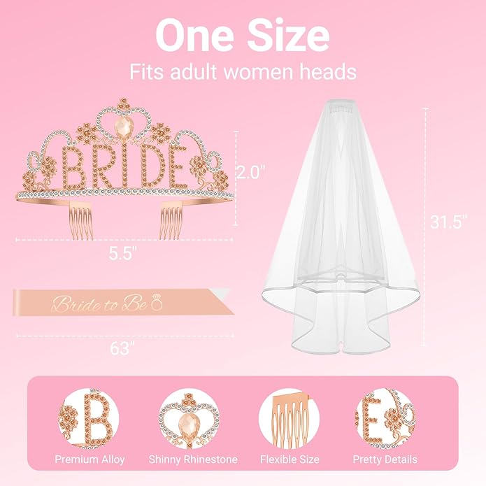 3Pcs Bride to Be Sash with Crown and Veil for Bachelorette Party Decorations，Bridal Shower Accessories for Gift, Favors