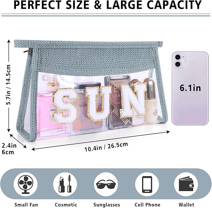Sunscreen Bag Clear Makeup Bag Chenille Letter Sun Cosmetic Pouch Summer Beach Essential Cute Toiletry Pouch Travel Accessories Gifts for Women