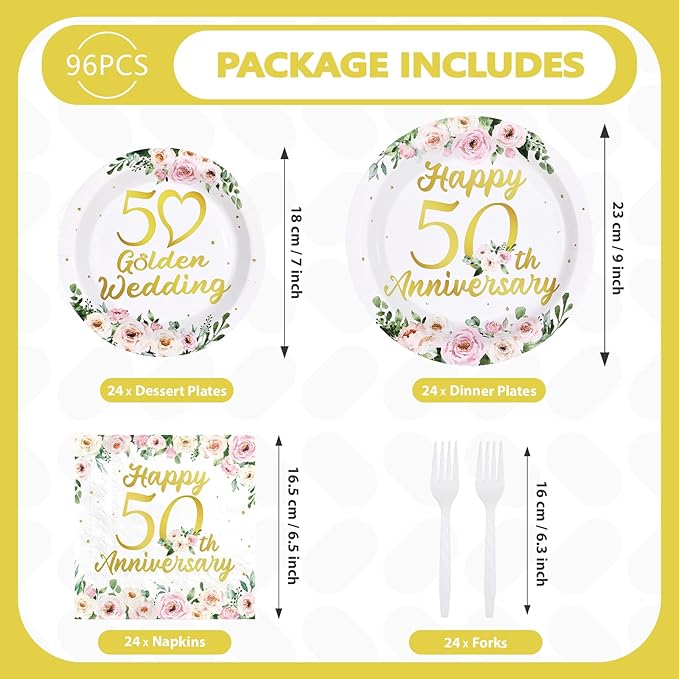 96 Pcs 50th Anniversary Decorations Pink Floral Happy 50th Anniversary Plates and Napkins Disposable Golden Wedding Tableware Set for Wedding 50 Years Loved Party Supplies Serves 24