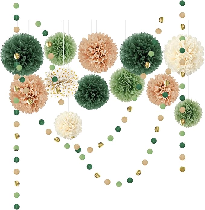 AOBKIAT Wedding Party Decorations Set,15PCS Green Tissue Paper Pom Poms,Dots Paper Garland String Hanging Backdrop for Engagement,Green Boho Wedding,Baby Shower