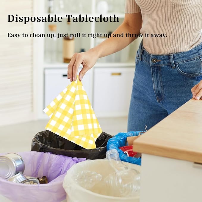 4 Pcs Yellow Checkered Tablecloth 54 ×108 Inches Rectangle Yellow Gingham Tablecover Disposable Plastic Waterproof Table Cover for Outdoor Picnic, Kitchen, Holiday Birthday Party