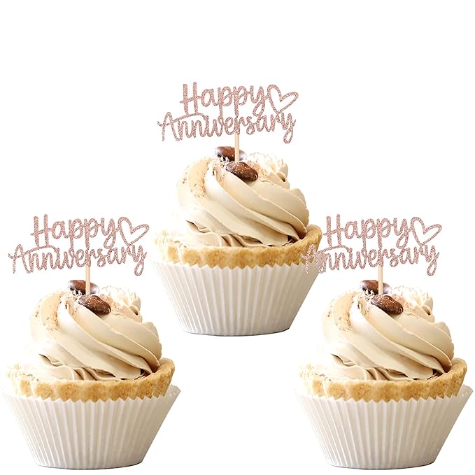 24 PCS Happy Anniversary Cupcake Toppers Glitter Wedding Anniversary Cupcake Picks Decorations for Wedding Anniversary Birthday Party Supplies Rose Gold