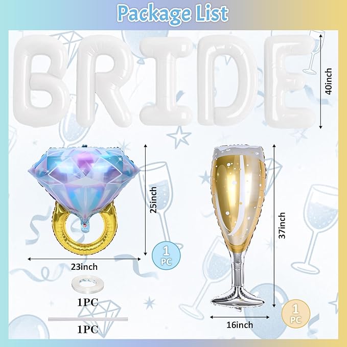 40inch White Bride Balloons Bachelorette, Bride To Be Bridal Shower Balloon Diamond Ring Champagne Glass Foil Balloon for Bachelorette Bridal Shower Engagement Wedding Hen Night Room Party Decorations