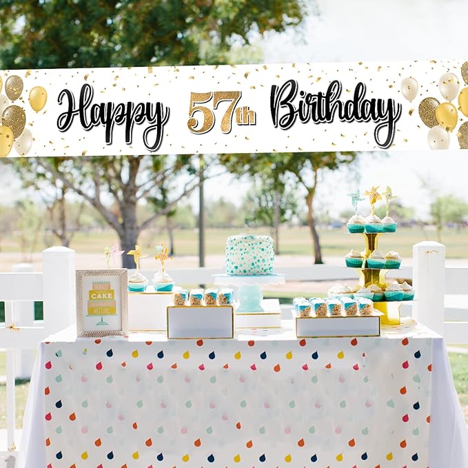 Happy 57th Birthday Decorations,57th Gold Balloon Large Birthday Hanging Banner Sign,57 Years Old Bday Party Supplies.